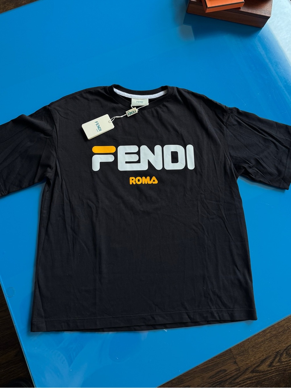 Fendi Black Short Sleeve Tee with White and Yellow Logo